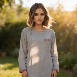 Cotton Bhutani Trim Long-Sleeve Round Neck Tunic - Solid Color (Gray)